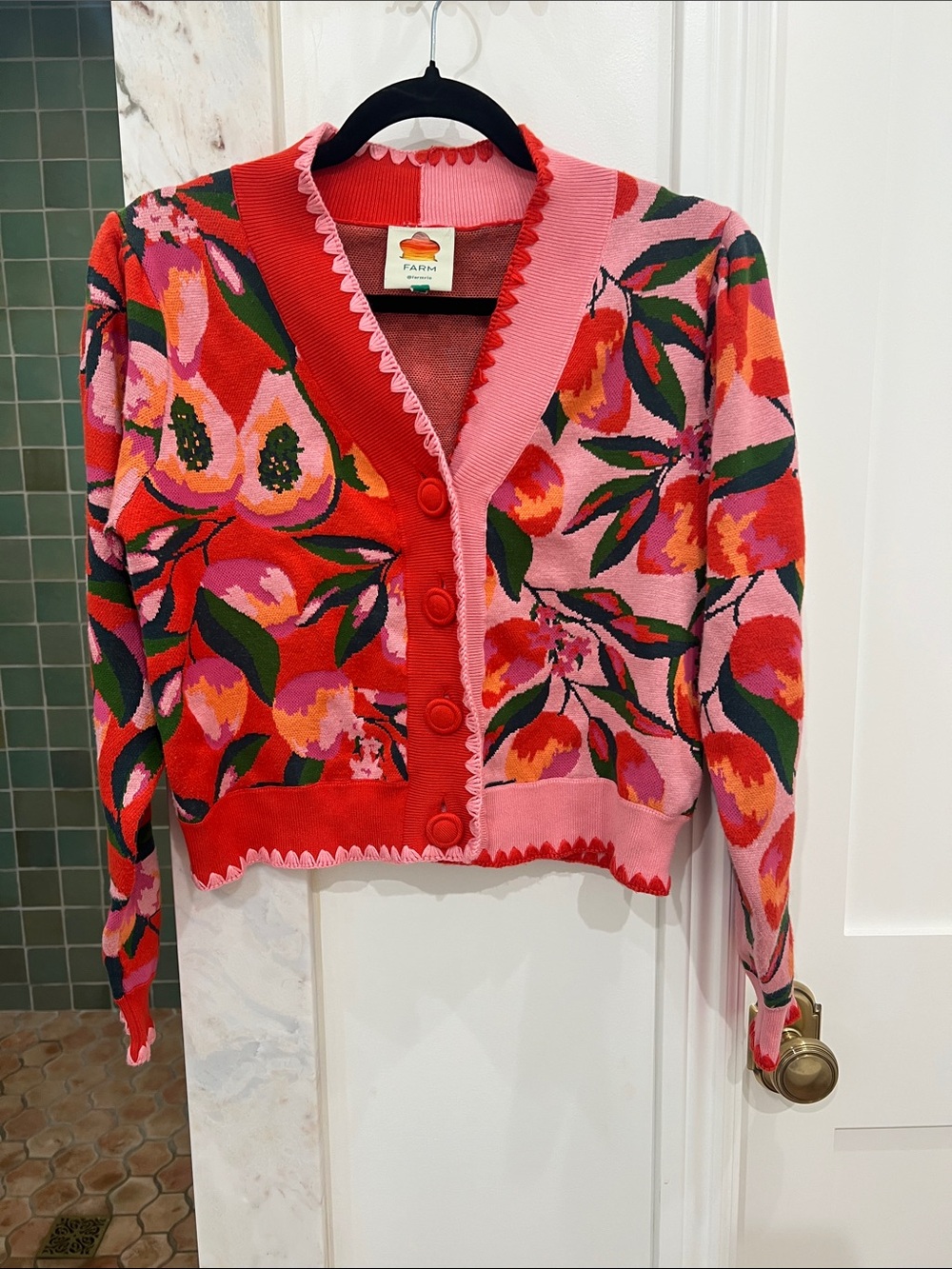 FARM Rio Pink, Red & Green Floral V-Neck Button Cardigan